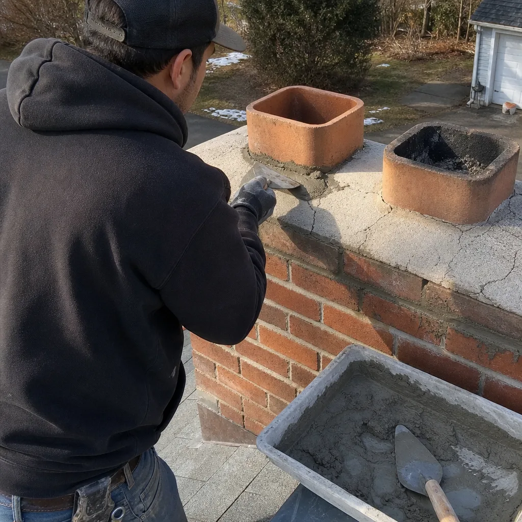 Professional chimney technician applying mortar to a chimney crown repair