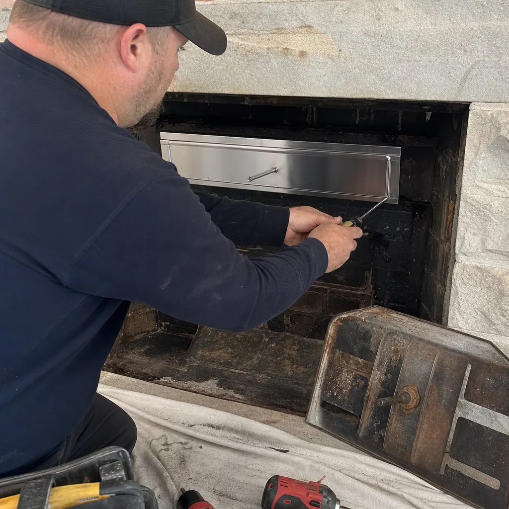 Technician installing a stainless steel fireplace damper plate for chimney maintenance.