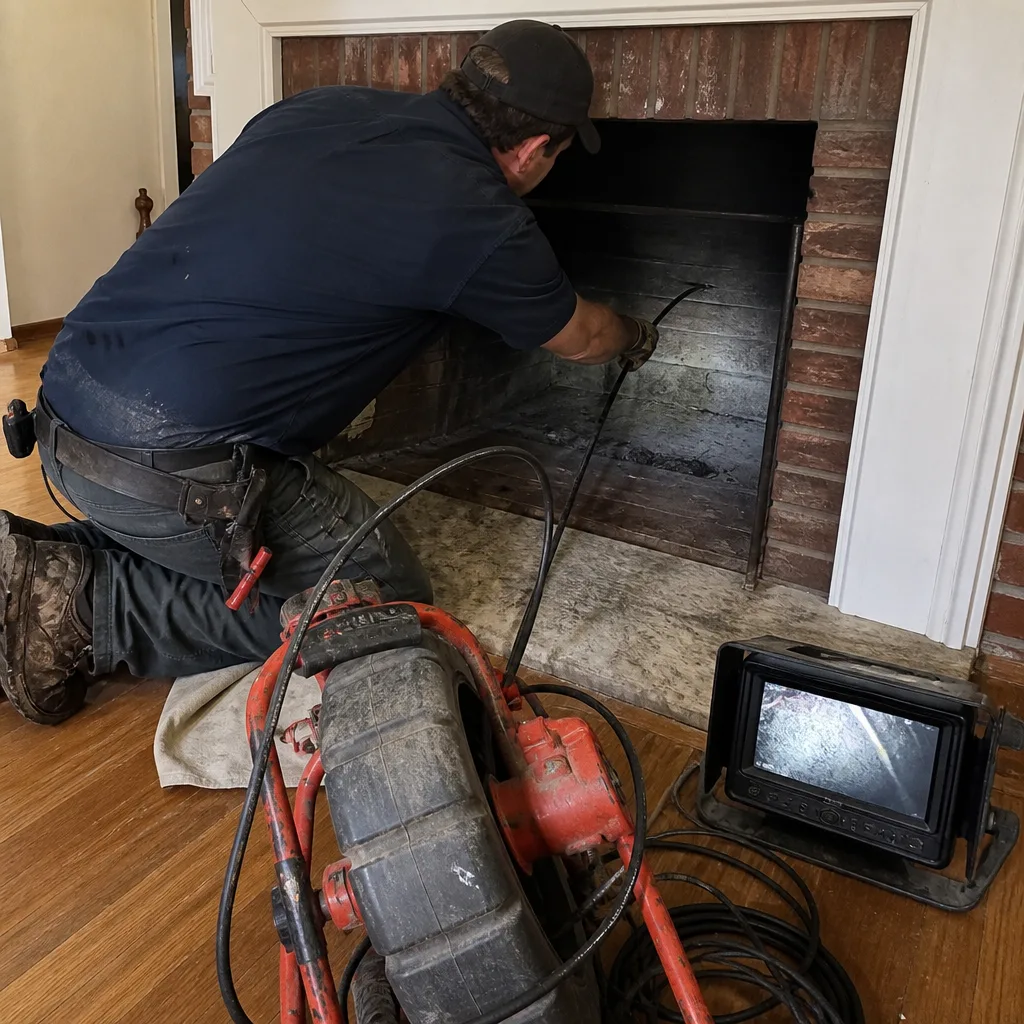Technician performing a professional fireplace chimney inspection with a camera system.