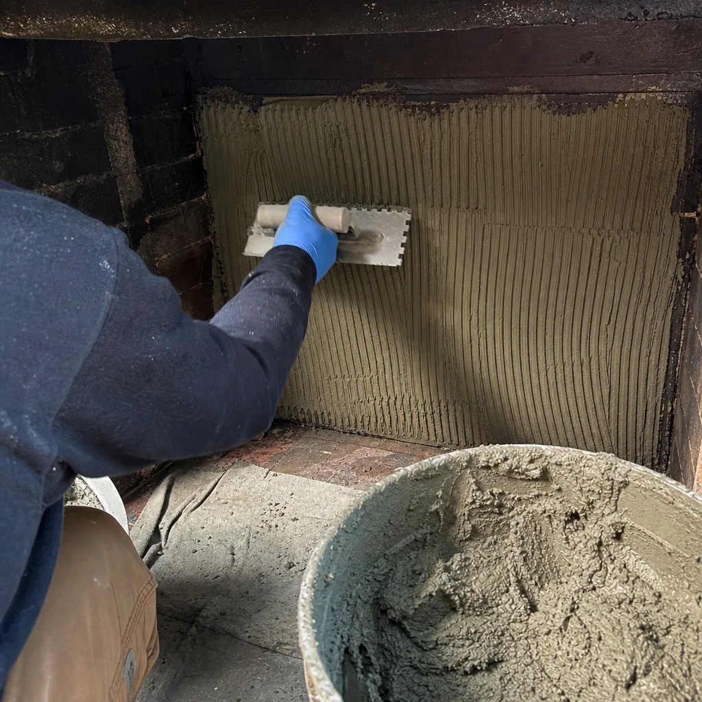 Professional contractor applying mortar to fireplace wall with a notched trowel