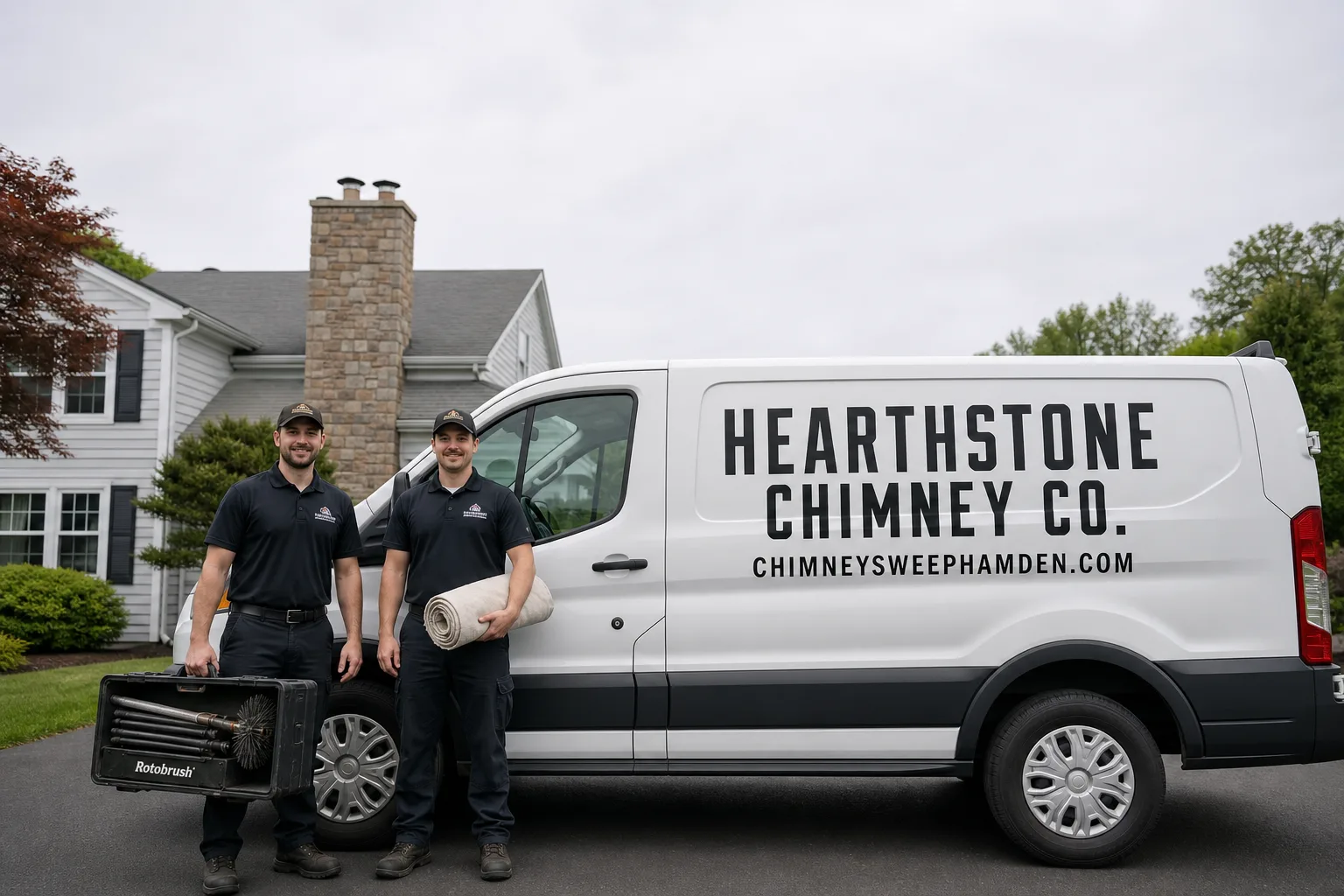 Hearthstone Chimney Co. chimney cleaning service vehicle and crew in Hamden, CT